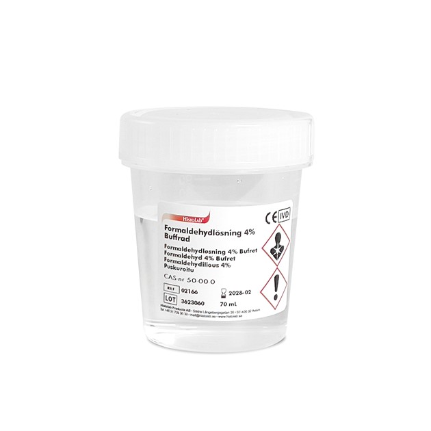 Formaldehyd 4% Buffrad 18 burkar à 70 ml (burk rymmer 100ml)